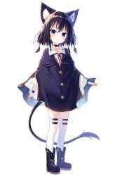 Rule 34 | 1girl, absurdres, animal ears, black hair, blue eyes, boots, cape, cat ears, cat tail, choker, commentary request, full body, hair tubes, highres, looking at viewer, md5 mismatch, original, resolution mismatch, satou (3366 s), school uniform, short hair, simple background, solo, source smaller, tail, thighhighs, white background, white thighhighs, zettai ryouiki
