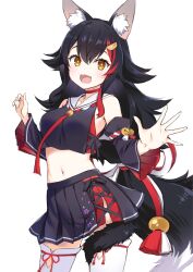 Rule 34 | 1girl, animal ear fluff, animal ears, black hair, black skirt, choker, contrapposto, cowboy shot, detached sleeves, fang, hair ornament, highres, hololive, hololive gamers, long hair, looking at viewer, midriff, multicolored hair, navel, ookami mio, ookami mio (1st costume), open mouth, pleated skirt, red choker, red hair, sailor collar, simple background, skirt, solo, standing, streaked hair, tail, tail around own leg, tail wrap, very long hair, virtual youtuber, white background, wide sleeves, wolf ears, wolf girl, wolf tail, yellow eyes, yuuki hagure