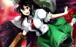 Rule 34 | 1girl, arm cannon, black hair, black wings, bow, breasts, cape, female focus, hair bow, large breasts, long hair, one eye closed, open mouth, puffy short sleeves, puffy sleeves, red eyes, reiuji utsuho, shirt, short sleeves, sinzan, skirt, smile, solo, third eye, touhou, very long hair, weapon, wings