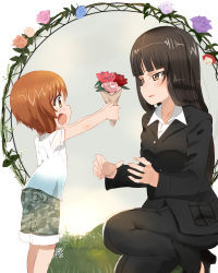 Rule 34 | 10s, 2girls, aged down, black hair, blunt bangs, bouquet, brown eyes, brown hair, camouflage, camouflage pants, flower, formal, girls und panzer, hime cut, hitoshi suda, mother and daughter, multiple girls, nishizumi miho, nishizumi shiho, pant suit, pants, shirt, shorts, suit, t-shirt
