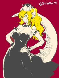 Rule 34 | 1girl, bare shoulders, black dress, bowsette, bracelet, breasts, collar, crown, dress, frown, hands on own hips, horns, jewelry, kitou en, large breasts, looking at viewer, mario (series), new super mario bros. u deluxe, nintendo, pointy ears, spiked bracelet, spiked collar, spikes, super crown, tail