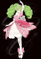 Rule 34 | 1girl, absurdres, arm up, black background, boots, bow, colored eyelashes, commentary, dress, elbow gloves, english commentary, expressionless, falulu, full body, gloves, green eyes, green hair, high heel boots, high heels, highres, long hair, looking at viewer, minyono, pink bow, pink dress, pretty series, pripara, puffy short sleeves, puffy sleeves, short sleeves, sidelocks, solo, standing, tiara, twintails, very long hair, white footwear, white gloves, winding key
