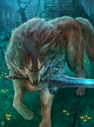 Rule 34 | absurdres, animal, claws, dark souls (series), dark souls i, field of blades, flower, forest, grass, graveyard, great grey wolf sif, greatsword, grey fur, highres, nature, no humans, outdoors, oversized animal, planted, planted sword, planted weapon, scar, scar across eye, snout, sword, tail, tree, uchi vs the world, watermark, weapon, weapon in mouth, wolf, yellow eyes
