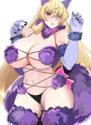 Rule 34 | 1girl, abs, animal ears, bare shoulders, blonde hair, blush, breasts, claw pose, cleavage, cosplay, barghest (fate), fate/grand order, fate (series), fur-trimmed gloves, fur collar, fur trim, gloves, green eyes, heterochromia, highres, kankitsu kei, lace, lace-trimmed legwear, lace trim, large breasts, long hair, looking at viewer, mash kyrielight, mash kyrielight (dangerous beast), mash kyrielight (dangerous beast) (cosplay), muscular, muscular female, navel, o-ring, open mouth, purple gloves, purple thighhighs, red eyes, revealing clothes, solo, tail, thighhighs, thighs, wolf ears, wolf tail
