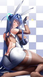 Rule 34 | 1girl, :q, absurdly long hair, absurdres, animal ears, arm up, ass, ass cutout, azur lane, back, backboob, backless dress, backless outfit, bare shoulders, blue eyes, blue hair, blush, bodystocking, breasts, bridal gauntlets, brown pantyhose, butt crack, checkered background, closed mouth, clothing cutout, commentary, dress, english commentary, fake animal ears, from behind, hair between eyes, hair intakes, highres, irkawaza, large breasts, long hair, looking at viewer, new jersey (azur lane), pantyhose, rabbit ears, race queen, sidelocks, sitting, smile, solo, star (symbol), thighband pantyhose, tongue, tongue out, very long hair, white dress, yokozuwari