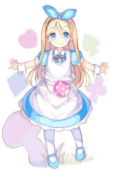 Rule 34 | 1girl, alice (alice in wonderland), alice in wonderland, apron, blonde hair, blue dress, blue eyes, blue footwear, blue hairband, blue ribbon, blush, closed mouth, club (shape), collared dress, diamond (shape), dress, full body, hair between eyes, hair ribbon, hairband, heart, kurasuke, long hair, looking at viewer, mary janes, original, outstretched arms, pantyhose, pocket, puffy sleeves, ribbon, shoes, smile, solo, spade (shape), spread arms, standing, very long hair, white apron, white background, white pantyhose, wrist cuffs