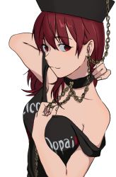 Rule 34 | 1girl, arm up, bare shoulders, breasts, chain, clothes writing, collar, collarbone, hat, hecatia lapislazuli, looking at viewer, medium breasts, off shoulder, red eyes, red hair, shirt, simple background, solo, touhou, toujou (toujou ramen), upper body