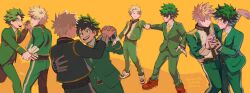 2boys bakugou_katsuki belt belt_buckle black_belt black_shirt blonde_hair boku_no_hero_academia buckle buttons collared_shirt commentary couple dancing eye_contact face-to-face feet_out_of_frame formal gloves green_eyes green_hair green_jacket green_pants green_suit hand_on_another&#039;s_back hands_up highres holding_hands interlocked_fingers jacket lc._universe long_sleeves looking_at_another male_focus midoriya_izuku multicolored_clothes multiple_boys multiple_views necktie official_alternate_costume orange_eyes pants red_footwear shirt shoes simple_background sleeve_cuffs smile sneakers spiked_hair suit suit_jacket symbol-only_commentary thai_text translation_request white_shirt white_undershirt yaoi yellow_background yellow_necktie