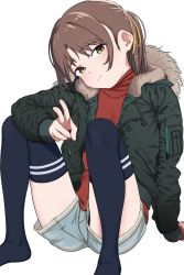 Rule 34 | 1girl, arm support, blue thighhighs, bouen, brown hair, coat, denim, denim shorts, fur-trimmed jacket, fur trim, green coat, hair ribbon, highres, jacket, knees up, ponytail, red sweater, ribbed sweater, ribbon, shorts, sitting, solo, sweater, thighhighs, v, white background, yellow eyes, yellow ribbon
