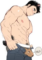 Rule 34 | 1boy, abs, absurdres, animal ears, ass, bara, bear boy, bear ears, bear tail, black male underwear, blush, bulge, bulge lift, denim, dressing, edging underwear, english text, feet out of frame, from side, gondom, help, highres, i&#039;ve never seen a guy recreate this successfully tbh (meme), jeans, large pectorals, long sideburns, male focus, male underwear, meme, muscular, muscular male, nipples, open pants, original, pants, pants lift, pectorals, print male underwear, short hair, short tail, shy, sideburns, sketch, solo, stomach, sweatdrop, tail, topless male, trembling, undersized clothes, underwear, wolf print