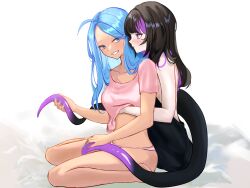 Rule 34 | 2girls, absurdres, black dress, black hair, blue eyes, blue hair, blush, body markings, collarbone, commission, commissioner upload, dress, hand under clothes, hand under shirt, highres, hug, hug from behind, monster girl, multicolored hair, multiple girls, nail polish, non-web source, original, panties, purple eyes, purple hair, shirt, shoko the alien, sitting, smile, tan, tentacles, underwear, xsilentred, yuri