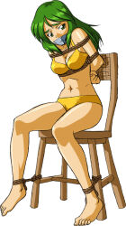 1girl arms_behind_back bare_shoulders barefoot bdsm belly bikini bondage bound bound_ankles clenched_hand collarbone daikinbakuju feet gag gagged green_eyes green_hair improvised_gag kidnapped legs midriff navel original rope soles swimsuit tape tape_gag tied_to_chair yellow_bikini