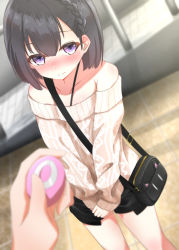 Rule 34 | 1girl, absurdres, asymmetrical hair, bag, bare shoulders, black hair, black shorts, blurry, blurry background, blurry foreground, blush, braid, closed mouth, collarbone, controller, crown braid, depth of field, disembodied limb, dutch angle, embarrassed, female focus, flat chest, highres, holding, holding remote control, indoors, long sleeves, looking at viewer, nose blush, off-shoulder sweater, off shoulder, original, own hands together, pov, purple eyes, remote control, remote control vibrator, sex toy, short hair, short shorts, shorts, shoulder bag, sidelocks, solo focus, standing, sweater, tears, tile floor, tiles, utyuueituu, v arms, vibrator, wireless sex toy controller