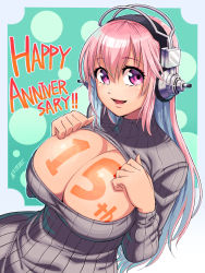 Rule 34 | 1girl, aqua hair, blush, breasts, center opening, cleavage, cleavage cutout, clothing cutout, colored inner hair, headphones, highres, large breasts, long hair, looking at viewer, maki yoshitake, mascot, meme attire, multicolored hair, nitroplus, open-chest sweater, parted lips, pink eyes, pink hair, ribbed sweater, smile, solo, super sonico, sweater, tareme, turtleneck, turtleneck sweater, two-tone hair, upper body, virgin killer sweater