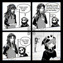 Rule 34 | ..., 2boys, androgynous, apron, arm behind back, black border, blush stickers, border, cake, chain, closed mouth, comic, commentary, english text, food, fork, greyscale, hair between eyes, holding, holding ladle, holding plate, holding scythe, hood, indoors, kimi ga shine, ladle, left-to-right manga, long sleeves, looking at another, mask, mask on head, messy hair, monochrome, mouth hold, multiple boys, numbered panels, open door, pipoabubu, plate, pointing, ringed eyes, robe, satou kai, scythe, skull mask, speech bubble, symbol-only commentary, talking, toto noel, utensil in mouth