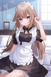 Rule 34 | 1girl, apron, bed, black dress, blurry, blurry background, blush, breasts, brown hair, closed mouth, comiket 103, depth of field, dress, eyebrows hidden by hair, frilled apron, frills, hair between eyes, hair flaps, hand up, highres, indoors, long hair, looking at viewer, maid, maid headdress, nail polish, original, pillow, puffy short sleeves, puffy sleeves, purple eyes, purple nails, sapphire (sapphire25252), short sleeves, sitting, small breasts, smile, solo, very long hair, white apron, window