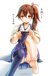 Rule 34 | 10s, 1girl, barefoot, black thighhighs, blush, brown eyes, brown hair, commentary request, feet, hair between eyes, japanese clothes, kaga (kancolle), kantai collection, long hair, looking at viewer, muneate, open mouth, panties, short hair, side ponytail, single thighhigh, sitting, skirt, sogabe toshinori, soles, solo, thighhighs, toes, translated, underwear, white panties