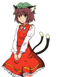 Rule 34 | 1girl, animal ears, bow, bowtie, brown hair, cat ears, cat girl, cat tail, chen, dress, female focus, hat, hiromasa, multiple tails, orange eyes, ribbon, short hair, simple background, solo, tail, tears, touhou, v arms