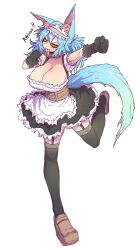 Rule 34 | !, !!, 1girl, :3, animal ears, apron, awooo, black gloves, blue hair, bone, breasts, cleavage, clenched hands, collar, colored sclera, corset, dated, fangs, garter belt, gloves, highres, kneehighs, large breasts, long hair, maid, maid apron, maid headdress, mascot, original, red sclera, socks, spiked collar, spikes, studded collar, sweat, sweatdrop, tail, teeth, tongue, tongue out, twintails, wolf ears, wolf girl, wolf tail, yellow eyes, zyugoya