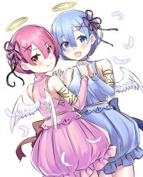 Rule 34 | 2girls, alternate costume, bare shoulders, blue dress, blue eyes, blue hair, blush, commentary request, detached sleeves, dress, feathers, hair ornament, hair ribbon, halo, holding hands, looking at viewer, looking back, multiple girls, open mouth, pink dress, pink hair, pink ribbon, ram (re:zero), re:zero kara hajimeru isekai seikatsu, red eyes, rem (re:zero), ribbon, s (hdru2332), siblings, simple background, sisters, smile, standing, teeth, traditional halo, twins, upper teeth only, white background, x hair ornament, yellow halo