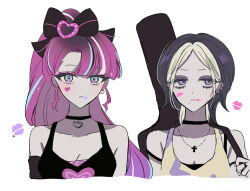 Rule 34 | 2girls, black lemonade cookie, blue hair, bow, choker, cookie run, cross, cross necklace, expressionless, eyeshadow, guitar case, hair bow, humanization, instrument case, jewelry, looking at viewer, makeup, mamimumemo, multicolored hair, multiple girls, necklace, personification, pink hair, shining glitter cookie