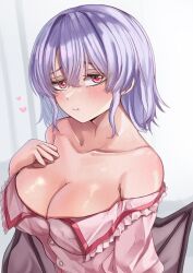 Rule 34 | 1girl, :t, bare shoulders, bat wings, breasts, cleavage, closed mouth, collarbone, commentary, hair between eyes, half-closed eyes, heart, highres, large breasts, looking at viewer, mahoro (minase mahoro), no headwear, off shoulder, purple hair, red eyes, remilia scarlet, short hair, solo, touhou, upper body, wings