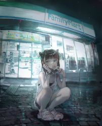 Rule 34 | 1girl, arms up, bare legs, black hair, black nails, blue eyes, blunt bangs, bracelet, convenience store, familymart, food, food in mouth, hand on own cheek, hand on own face, highres, holding, holding food, jewelry, medium hair, nail polish, night, original, outdoors, popsicle, roki (0214278), sandals, scenery, shirt, shop, short shorts, shorts, sleeveless, sleeveless shirt, solo, squatting, star (sky), tank top, toes, watermelon bar, white tank top