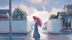 Rule 34 | 1girl, blue dress, closed eyes, closed mouth, cloud, cloudy sky, dress, flower, harucoro25, highres, holding, holding umbrella, house, long sleeves, original, outdoors, plant, potted plant, rain, red flower, road, short hair, sky, standing, street, tree, umbrella, utility pole