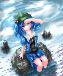 Rule 34 | 1girl, blue eyes, blue hair, breasts, cleavage, dutch angle, flat cap, hair bobbles, hair ornament, hand on own forehead, hat, highres, kawashiro nitori, large breasts, looking at viewer, matching hair/eyes, open clothes, open shirt, ripples, rock, shirt, short hair, short sleeves, sitting, sitting on rock, skirt, smile, soaking feet, solo, stream, thcapenxer1234, touhou, twintails, two side up, undershirt, wet, wet clothes