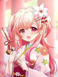 Rule 34 | 1girl, arrow (projectile), bell, blurry, blurry background, commission, fang, floral print, flower, hamaya, heart, heart in eye, highres, japanese clothes, kimono, momose nina, obi, open mouth, pink hair, pink kimono, project nebula, purple eyes, purple sash, sash, skeb commission, skin fang, solo, symbol in eye, upper body, virtual youtuber, white flower, yui mirano