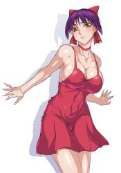 Rule 34 | 1girl, alternate breast size, bare arms, bare shoulders, blush, bow, breasts, cat girl, choker, cleavage, closed mouth, collarbone, commentary request, covered navel, dress, fingernails, gegege no kitarou, hair bow, head tilt, highres, impossible clothes, impossible dress, large breasts, legs together, long fingernails, looking at viewer, nekomusume, nekomusume (gegege no kitarou 6), nib pen (medium), outstretched arm, ozaneko, pointy ears, purple hair, red bow, red choker, red dress, shadow, sharp fingernails, shiny skin, short hair, simple background, sleeveless, sleeveless dress, solo, spaghetti strap, standing, taut clothes, taut dress, traditional media, white background, yellow eyes