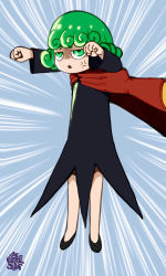 Rule 34 | 1boy, 1girl, anger vein, artist name, black dress, commentary, curly hair, dress, emphasis lines, gloves, green eyes, green hair, highres, longcat (meme), meme, one-punch man, parody, red gloves, saitama (one-punch man), signature, size difference, solo focus, tatsumaki, the golden smurf