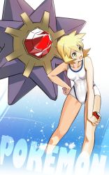 Rule 34 | 1girl, :d, bare arms, blonde hair, blush, breasts, collarbone, commentary request, copyright name, covered navel, creatures (company), game freak, gen 1 pokemon, green eyes, hair between eyes, hand on own hip, holding, holding poke ball, knees, leaning forward, looking to the side, misty (pokemon), nintendo, one-piece swimsuit, open mouth, poke ball, poke ball (basic), pokemon, pokemon (creature), pokemon hgss, sakuraidai, shiny skin, smile, standing, starmie, swimsuit, tongue, white one-piece swimsuit