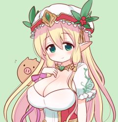 Rule 34 | 1girl, bad id, bad pixiv id, blonde hair, blush, breasts, cleavage, covered erect nipples, dress, freyja (p&amp;d), green background, green eyes, hair tubes, hat, heart, heart necklace, huge breasts, jewelry, large breasts, leaf, long hair, looking at viewer, mashiro miru, mob cap, necklace, no nose, pig, pointy ears, puffy short sleeves, puffy sleeves, puzzle &amp; dragons, short sleeves, simple background, smile, solo, standing, upper body, very long hair, wristband