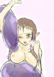 Rule 34 | 1girl, arm up, blue eyes, blush, breast rest, breasts, brown hair, chuchu (zelda), clenched hand, female focus, hand up, jewelry, long hair, medium breasts, moaning, monster, nintendo, nipples, nude, one eye closed, open mouth, pointy ears, princess zelda, purple background, round teeth, see-through, simple background, slime, tears, teeth, the legend of zelda, the legend of zelda: twilight princess, tiara, upper body, wasabi (legemd), wince