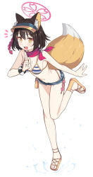 1girl animal_ears bikini black_hair blue_archive blush breasts denim denim_shorts fox_ears fox_girl fox_tail full_body halo highres izuna_(blue_archive) izuna_(swimsuit)_(blue_archive) open_mouth saiste short_hair shorts simple_background small_breasts smile solo standing standing_on_one_leg striped_bikini striped_clothes swimsuit tail visor_cap white_background yellow_eyes