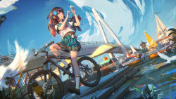 Rule 34 | 1girl, aqua sailor collar, aqua skirt, bicycle, bird, black choker, blue sky, breasts, brown footwear, brown hair, cellphone, choker, day, floating hair, flower, full body, glint, hair flower, hair ornament, highres, holding, holding phone, ibara dance, loafers, long hair, looking afar, motion blur, outdoors, parted lips, phone, pleated skirt, purple eyes, sailor collar, scenery, school uniform, serafuku, shirt, shoes, short sleeves, sitting, skirt, sky, small breasts, smartphone, smile, socks, white shirt, wind, witch&#039;s weapon