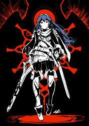 Rule 34 | 1girl, automatic giraffe, black background, blue hair, cape, corruption, dark persona, evil, evil smile, fire emblem, fire emblem awakening, gloves, grima (fire emblem), holding, holding sword, holding weapon, intelligent systems, long hair, looking at viewer, lucina (fire emblem), nintendo, possessed, possession, red eyes, smile, sword, tiara, weapon