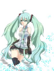 Rule 34 | 1girl, ahoge, bad id, bad pixiv id, bare shoulders, beamed quavers, detached sleeves, green eyes, green hair, hatsune miku, izumi, long hair, matching hair/eyes, musical note, necktie, skirt, solo, thighhighs, twintails, very long hair, vocaloid