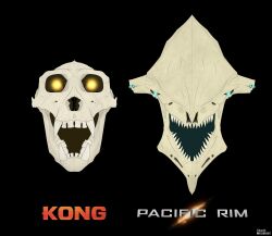 Rule 34 | black background, blue eyes, bone, company connection, crossover, english text, extra eyes, fangs, glowing, glowing eyes, highres, kaijuu, king kong, king kong (series), knifehead, kong: skull island, legendary pictures, looking at viewer, monster, monsterverse, no humans, pacific rim, shade meadows, sharp teeth, simple background, skull, teeth, warner bros, yellow eyes