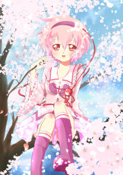 Rule 34 | 1girl, :d, alternate color, blush, boots, cherry blossoms, commentary request, ebisu senri, eyeball, foot out of frame, frilled shirt collar, frills, hair between eyes, hairband, heart, highres, komeiji satori, long bangs, long sleeves, looking at viewer, open mouth, petals, pink eyes, pink hair, pink shirt, pink skirt, pink theme, purple footwear, purple hairband, shirt, short hair, sitting, sitting on branch, skirt, smile, solo, third eye, touhou, tree, wide sleeves