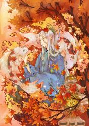 Rule 34 | 1girl, autumn leaves, bracelet, carp, creature, fish, from side, green eyes, hair ornament, hairpin, japanese clothes, jewelry, kimono, leaf, long hair, non-web source, original, outdoors, profile, silver hair, sitting, smoke, solo, tree