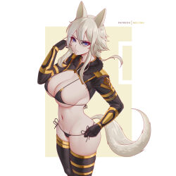 Rule 34 | 1girl, absurdres, adapted costume, animal ears, artist name, bikini, blonde hair, breasts, cat ears, cat girl, cat tail, closed mouth, commentary, english commentary, gloves, hair between eyes, highres, kage no jitsuryokusha ni naritakute!, large breasts, looking at viewer, melowh, micro bikini, mole, navel, patreon username, purple eyes, short hair, simple background, solo, swimsuit, tail, thighs, white background, zeta (kage no jitsuryokusha ni naritakute!)