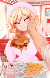 Rule 34 | 1boy, 1girl, :t, ^ ^, bag, blonde hair, breasts, burger, cheek press, cheek squash, cleavage, cleavage cutout, closed eyes, clothing cutout, earrings, food, french fries, hand on another&#039;s cheek, hand on another&#039;s face, handbag, hat, heart, heart cutout, highres, indoors, jewelry, large breasts, medium breasts, merunyaa, milkshake, nail polish, original, out of frame, pink nails, pov, pov across table, pov hands, sammy (bestsammy), short hair, sitting, sleeves past wrists, smile, solo focus