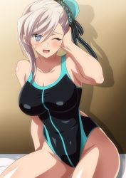 Rule 34 | 1girl, arm behind head, asymmetrical hair, bare shoulders, black one-piece swimsuit, blue eyes, blue one-piece swimsuit, breasts, bun cover, cleavage, collarbone, competition swimsuit, fate/grand order, fate (series), hair bun, hair ribbon, hara (harayutaka), highleg, highleg swimsuit, highres, large breasts, long hair, miyamoto musashi (fate), miyamoto musashi (fate/grand order), miyamoto musashi (swimsuit berserker) (fate), miyamoto musashi (swimsuit berserker) (first ascension) (fate), on bed, one-piece swimsuit, one eye closed, open mouth, pink hair, ribbon, shiny skin, side bun, single hair bun, single side bun, sitting, smile, solo, sweatdrop, swept bangs, swimsuit, thighs, two-tone swimsuit
