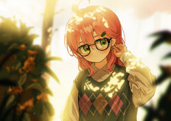 Rule 34 | 1girl, absurdres, ahoge, alternate costume, autumn, black-framed eyewear, blurry, blurry foreground, blush, closed mouth, collared shirt, commentary, depth of field, dot nose, earrings, glasses, gold osmanthus, green eyes, green sweater vest, hair between eyes, hair ornament, hairclip, heart, heart earrings, highres, hololive, jewelry, long hair, long sleeves, looking to the side, pink hair, puffy long sleeves, puffy sleeves, sakura miko, same jarashi, shirt, solo, sweater vest, upper body, virtual youtuber, white shirt