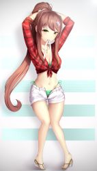 Rule 34 | 1girl, absurdres, alternate costume, arms up, bikini, bikini under clothes, breasts, brown hair, casual, cleavage, collarbone, commentary, commission, doki doki literature club, english commentary, full body, green bikini, green eyes, hair ornament, highres, jewelry, knees together feet apart, long hair, looking at viewer, medium breasts, monika (doki doki literature club), mouth hold, navel, necklace, pigeon-toed, plaid, plaid shirt, ponytail, red shirt, ribbon, ribbon in mouth, sandals, shirt, short shorts, shorts, side-tie bikini bottom, simple background, solo, swimsuit, thigh gap, tied shirt, tsukimaru, tying hair, unzipped, very long hair, white ribbon, white shorts
