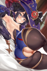 Rule 34 | 1girl, anus, armpits, ass, ass focus, bar censor, bed sheet, black ribbon, blue eyes, blue hair, blue hat, blurry, blurry background, breasts, brown pantyhose, censored, cle masahiro, closed mouth, dark blue hair, genshin impact, hair between eyes, hair ribbon, hat, huge ass, leotard, long hair, looking at viewer, lying, medium breasts, mona (genshin impact), on side, open mouth, pantyhose, pussy, ribbon, solo, thick thighs, thighs, torn clothes, witch hat