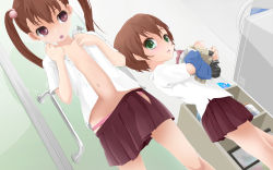 Rule 34 | 1boy, 1girl, :o, bathroom, brother and sister, brown hair, crossdressing, dutch angle, flat chest, green eyes, hair bobbles, hair ornament, highres, holding, laundry, long hair, md5 mismatch, navel, no bra, open clothes, open mouth, open shirt, original, panties, pantyshot, pink eyes, pink panties, pleated skirt, school uniform, siblings, skirt, trap, twintails, underwear, upskirt, yuki18r