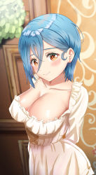 Rule 34 | 1girl, absurdres, arms behind back, blue hair, blush, breasts, cleavage, dokimaru, dress, hair between eyes, highres, indoors, large breasts, looking at viewer, love live!, medium hair, paid reward available, smile, solo, standing, wakana shiki, white dress, yellow eyes